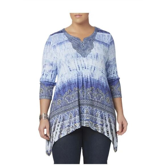 ENERGIE BLUE MULTICOLOR W/ LACE 3/4 SLEEVE SHARK BITE HEM EMBELLISHED TOP 1X - Picture 1 of 13